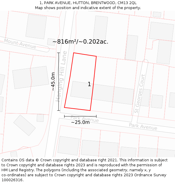 1, PARK AVENUE, HUTTON, BRENTWOOD, CM13 2QL: Plot and title map
