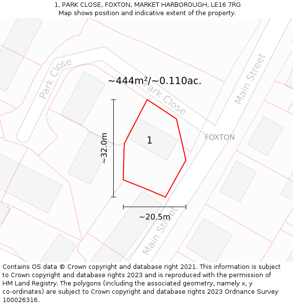 1, PARK CLOSE, FOXTON, MARKET HARBOROUGH, LE16 7RG: Plot and title map