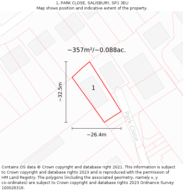 1, PARK CLOSE, SALISBURY, SP1 3EU: Plot and title map