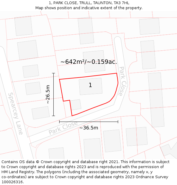 1, PARK CLOSE, TRULL, TAUNTON, TA3 7HL: Plot and title map