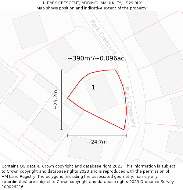 1, PARK CRESCENT, ADDINGHAM, ILKLEY, LS29 0LX: Plot and title map
