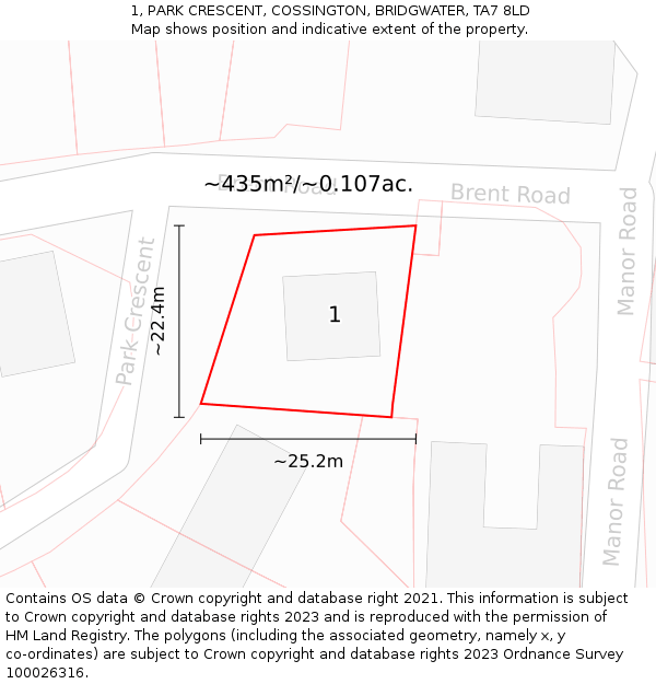 1, PARK CRESCENT, COSSINGTON, BRIDGWATER, TA7 8LD: Plot and title map