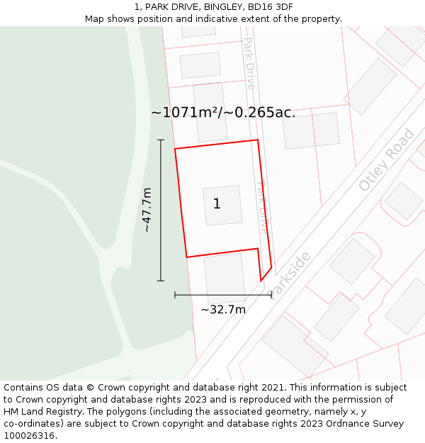 1, PARK DRIVE, BINGLEY, BD16 3DF: Plot and title map