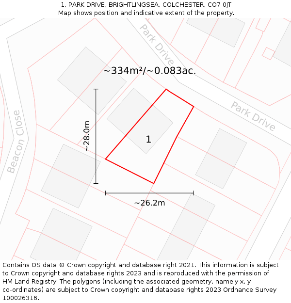 1, PARK DRIVE, BRIGHTLINGSEA, COLCHESTER, CO7 0JT: Plot and title map