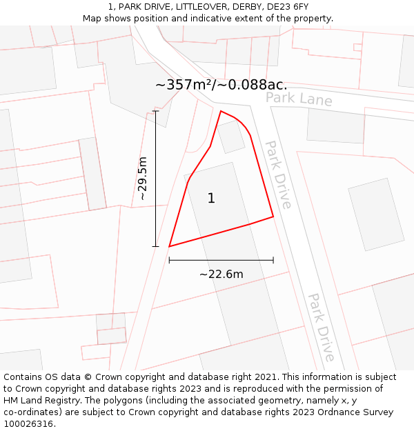 1, PARK DRIVE, LITTLEOVER, DERBY, DE23 6FY: Plot and title map