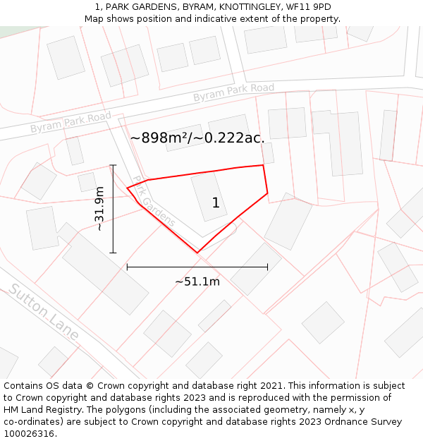 1, PARK GARDENS, BYRAM, KNOTTINGLEY, WF11 9PD: Plot and title map