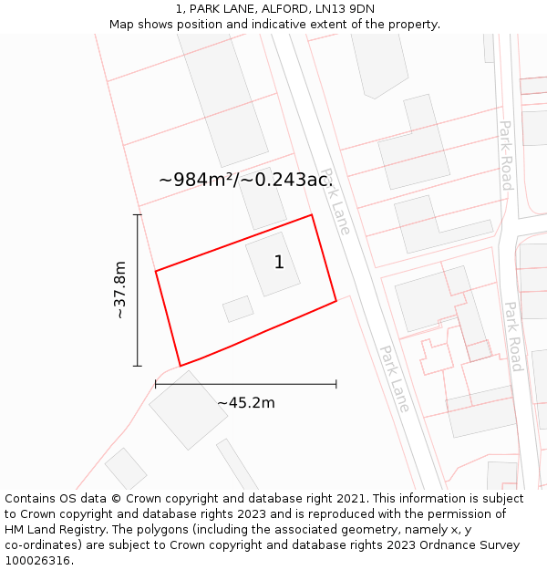 1, PARK LANE, ALFORD, LN13 9DN: Plot and title map