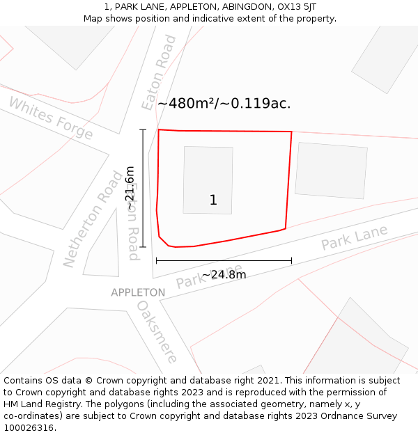 1, PARK LANE, APPLETON, ABINGDON, OX13 5JT: Plot and title map