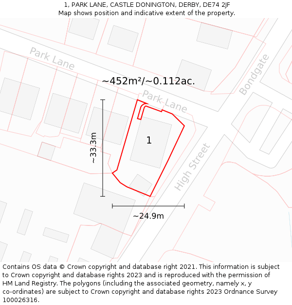 1, PARK LANE, CASTLE DONINGTON, DERBY, DE74 2JF: Plot and title map