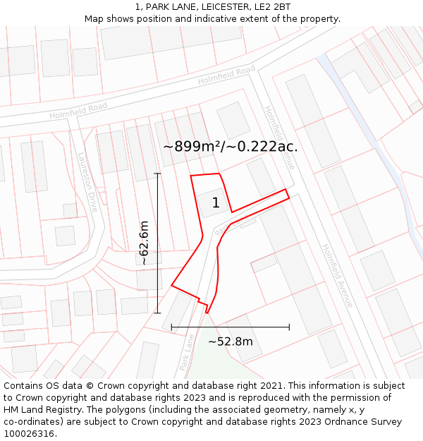 1, PARK LANE, LEICESTER, LE2 2BT: Plot and title map