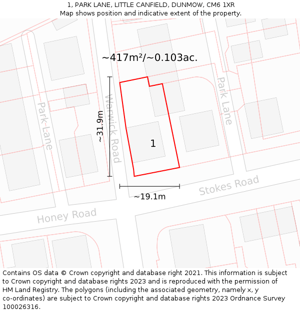 1, PARK LANE, LITTLE CANFIELD, DUNMOW, CM6 1XR: Plot and title map