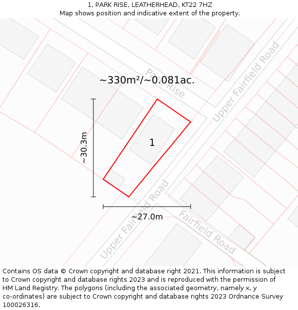1, PARK RISE, LEATHERHEAD, KT22 7HZ: Plot and title map