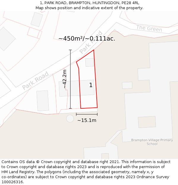 1, PARK ROAD, BRAMPTON, HUNTINGDON, PE28 4RL: Plot and title map