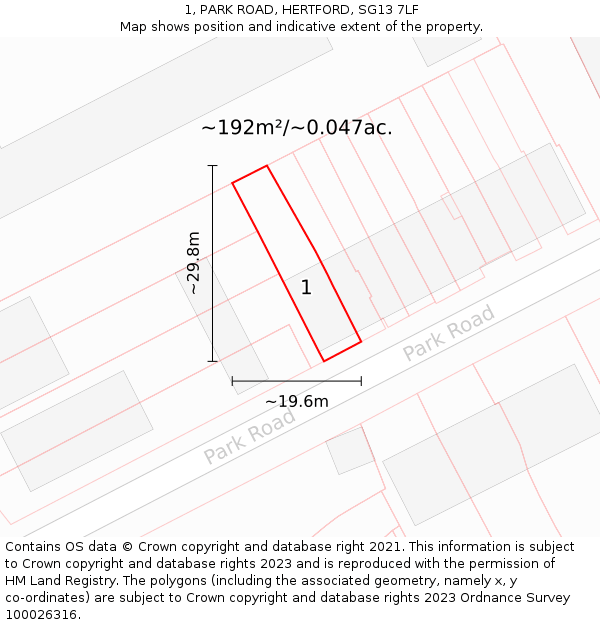 1, PARK ROAD, HERTFORD, SG13 7LF: Plot and title map