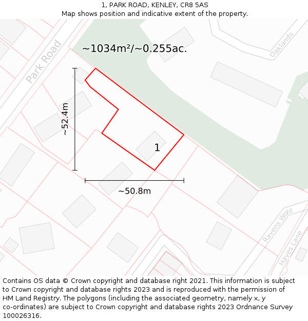 1, PARK ROAD, KENLEY, CR8 5AS: Plot and title map