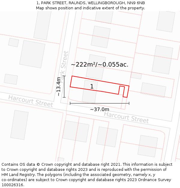 1, PARK STREET, RAUNDS, WELLINGBOROUGH, NN9 6NB: Plot and title map