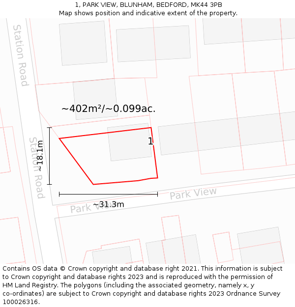 1, PARK VIEW, BLUNHAM, BEDFORD, MK44 3PB: Plot and title map