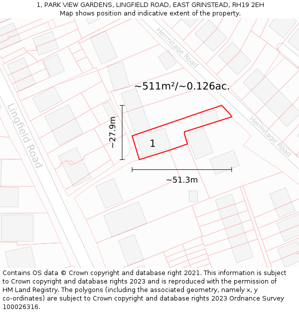 1, PARK VIEW GARDENS, LINGFIELD ROAD, EAST GRINSTEAD, RH19 2EH: Plot and title map