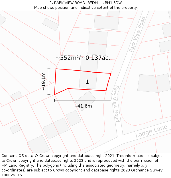 1, PARK VIEW ROAD, REDHILL, RH1 5DW: Plot and title map