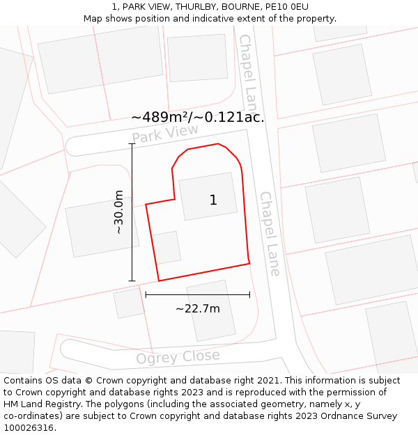 1, PARK VIEW, THURLBY, BOURNE, PE10 0EU: Plot and title map