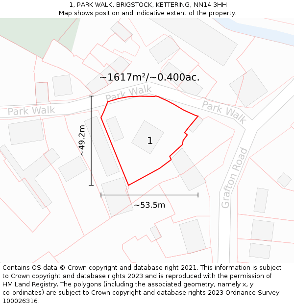 1, PARK WALK, BRIGSTOCK, KETTERING, NN14 3HH: Plot and title map
