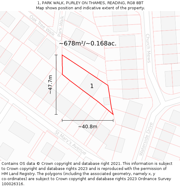 1, PARK WALK, PURLEY ON THAMES, READING, RG8 8BT: Plot and title map