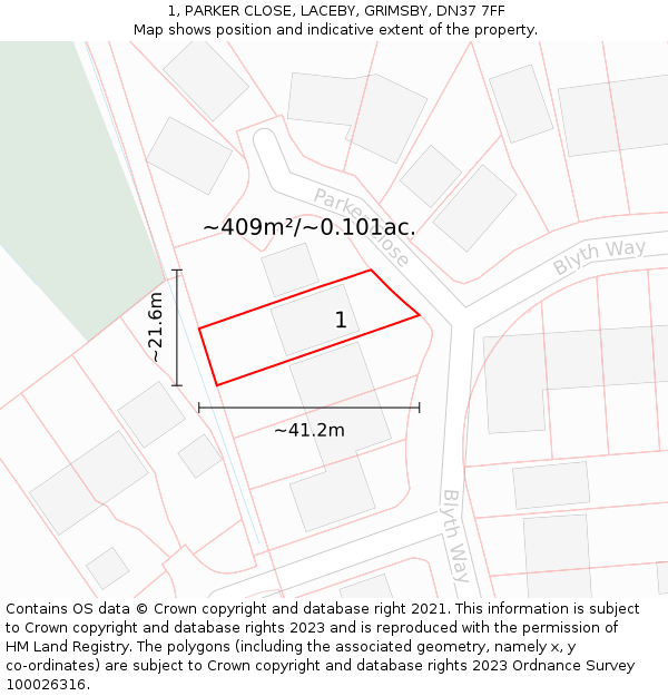 1, PARKER CLOSE, LACEBY, GRIMSBY, DN37 7FF: Plot and title map