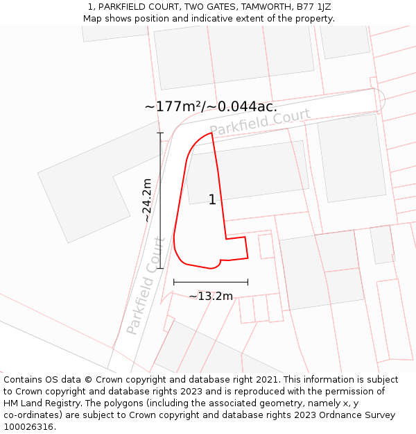 1, PARKFIELD COURT, TWO GATES, TAMWORTH, B77 1JZ: Plot and title map
