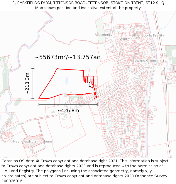 1, PARKFIELDS FARM, TITTENSOR ROAD, TITTENSOR, STOKE-ON-TRENT, ST12 9HQ: Plot and title map