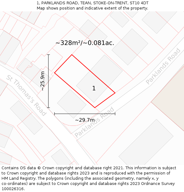1, PARKLANDS ROAD, TEAN, STOKE-ON-TRENT, ST10 4DT: Plot and title map