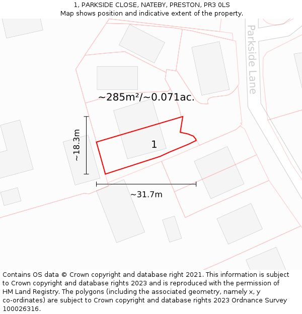 1, PARKSIDE CLOSE, NATEBY, PRESTON, PR3 0LS: Plot and title map