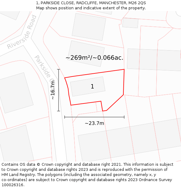 1, PARKSIDE CLOSE, RADCLIFFE, MANCHESTER, M26 2QS: Plot and title map