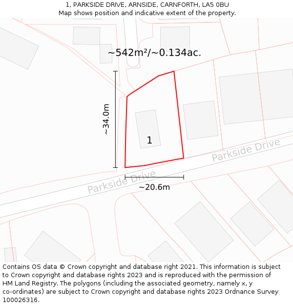 1, PARKSIDE DRIVE, ARNSIDE, CARNFORTH, LA5 0BU: Plot and title map