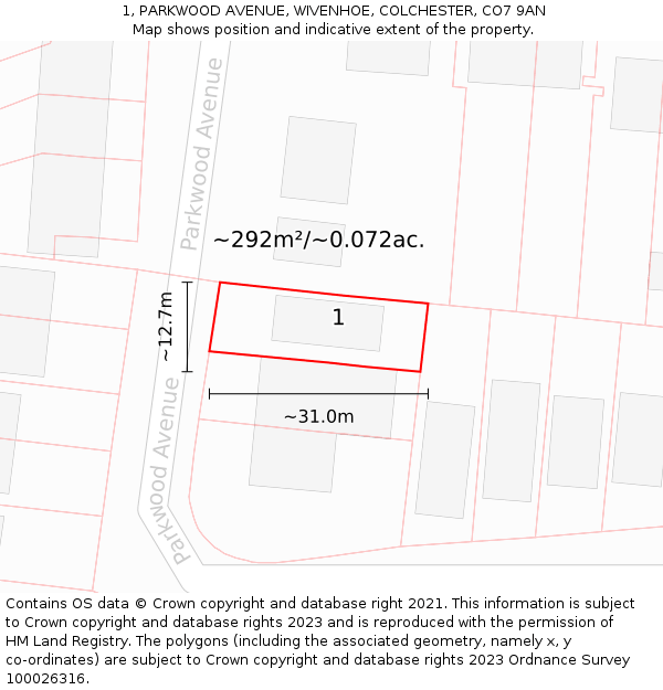 1, PARKWOOD AVENUE, WIVENHOE, COLCHESTER, CO7 9AN: Plot and title map