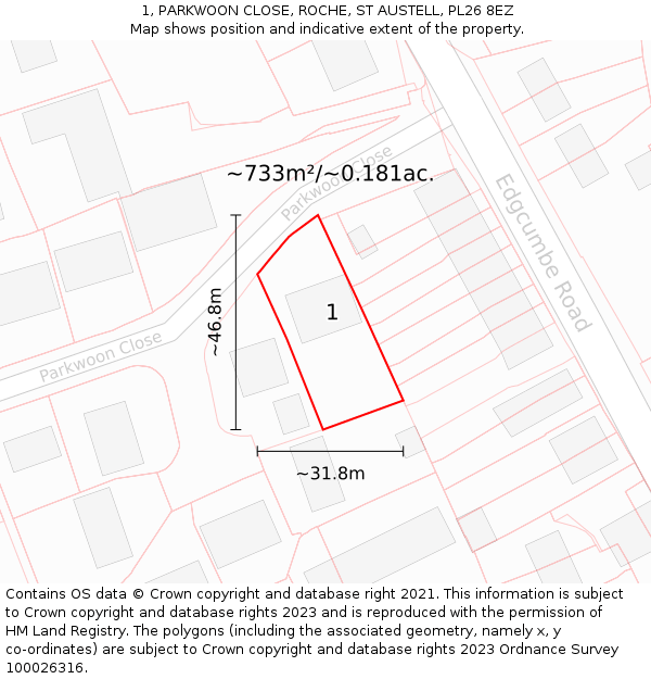 1, PARKWOON CLOSE, ROCHE, ST AUSTELL, PL26 8EZ: Plot and title map