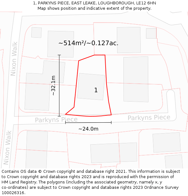 1, PARKYNS PIECE, EAST LEAKE, LOUGHBOROUGH, LE12 6HN: Plot and title map