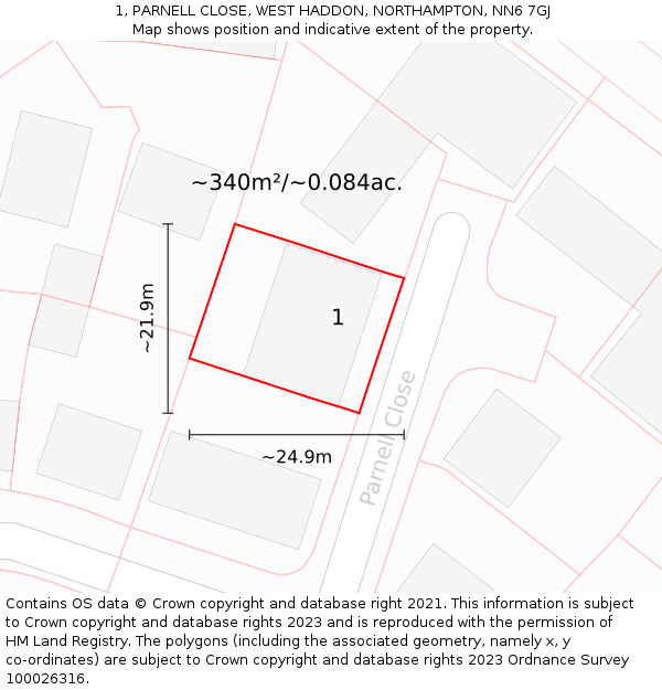 1, PARNELL CLOSE, WEST HADDON, NORTHAMPTON, NN6 7GJ: Plot and title map
