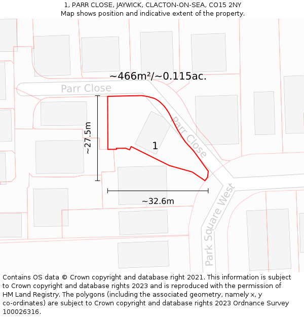 1, PARR CLOSE, JAYWICK, CLACTON-ON-SEA, CO15 2NY: Plot and title map