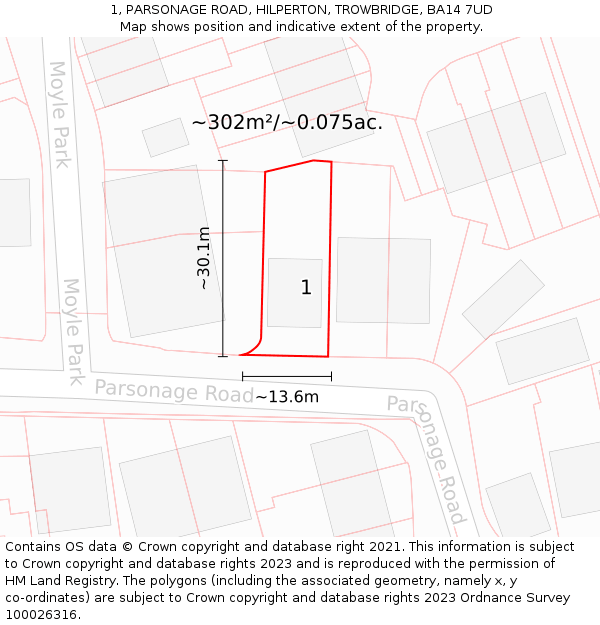 1, PARSONAGE ROAD, HILPERTON, TROWBRIDGE, BA14 7UD: Plot and title map