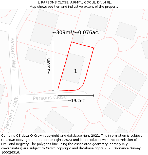 1, PARSONS CLOSE, AIRMYN, GOOLE, DN14 8JL: Plot and title map