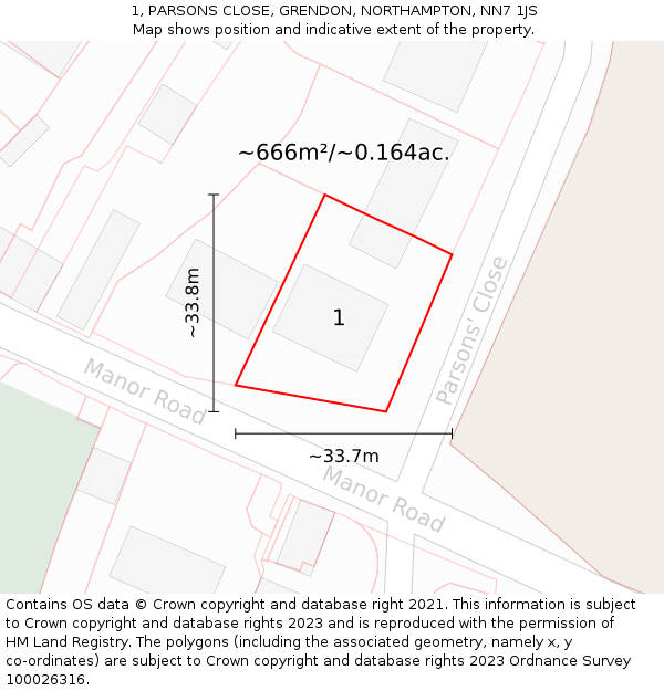 1, PARSONS CLOSE, GRENDON, NORTHAMPTON, NN7 1JS: Plot and title map