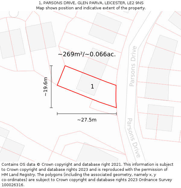 1, PARSONS DRIVE, GLEN PARVA, LEICESTER, LE2 9NS: Plot and title map