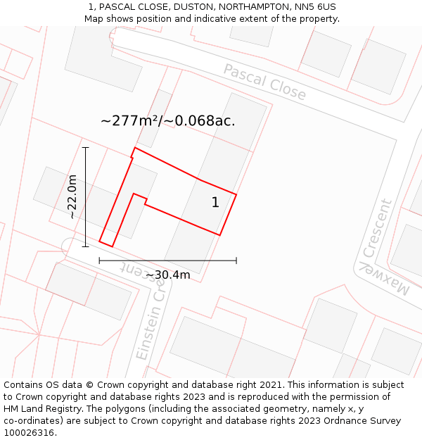 1, PASCAL CLOSE, DUSTON, NORTHAMPTON, NN5 6US: Plot and title map