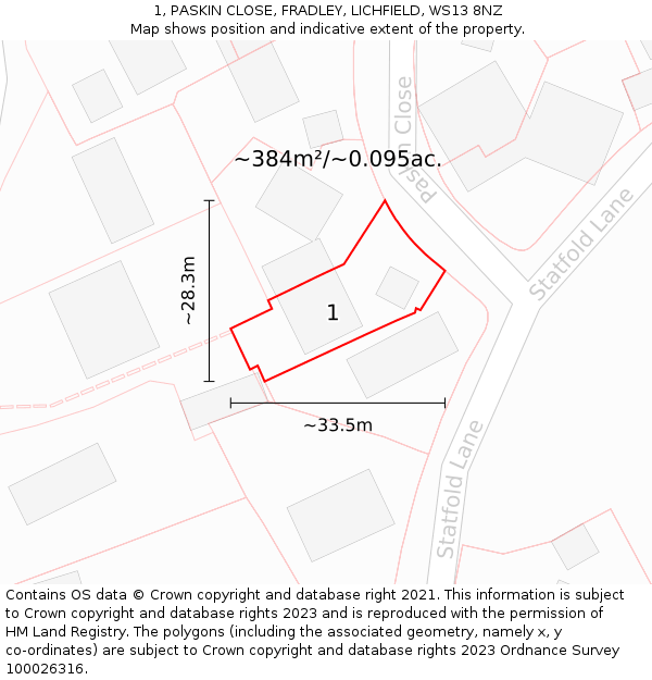 1, PASKIN CLOSE, FRADLEY, LICHFIELD, WS13 8NZ: Plot and title map