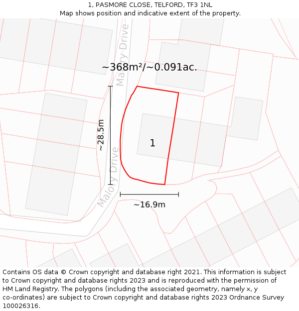 1, PASMORE CLOSE, TELFORD, TF3 1NL: Plot and title map