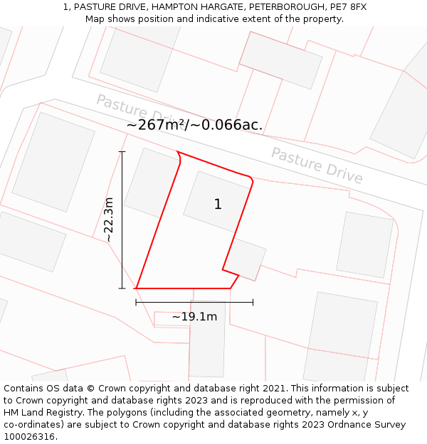 1, PASTURE DRIVE, HAMPTON HARGATE, PETERBOROUGH, PE7 8FX: Plot and title map