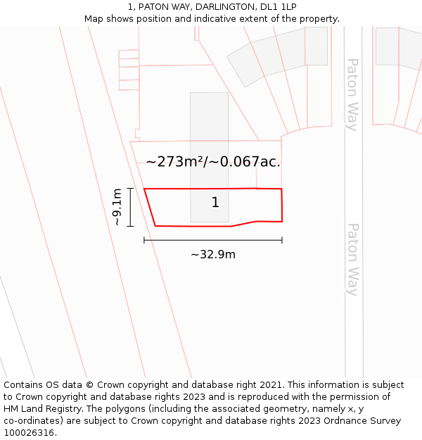 1, PATON WAY, DARLINGTON, DL1 1LP: Plot and title map