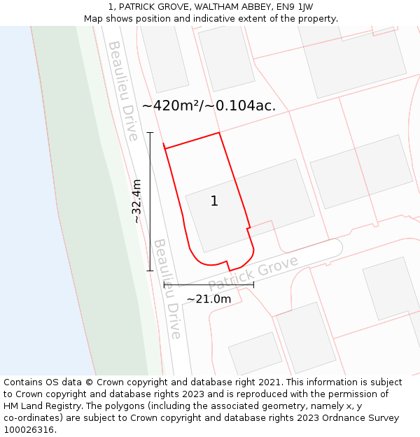 1, PATRICK GROVE, WALTHAM ABBEY, EN9 1JW: Plot and title map