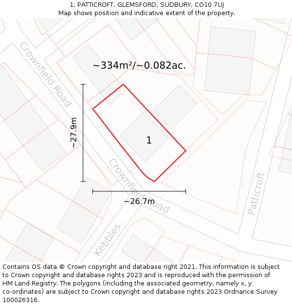 1, PATTICROFT, GLEMSFORD, SUDBURY, CO10 7UJ: Plot and title map