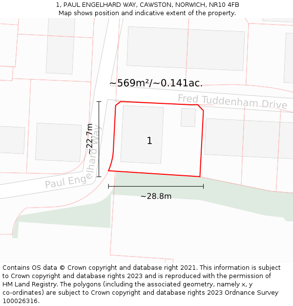 1, PAUL ENGELHARD WAY, CAWSTON, NORWICH, NR10 4FB: Plot and title map